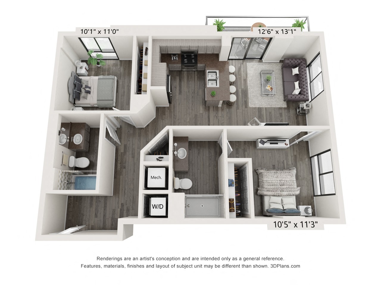 Floor plan for 2 beds, 2 baths, 970 sqft